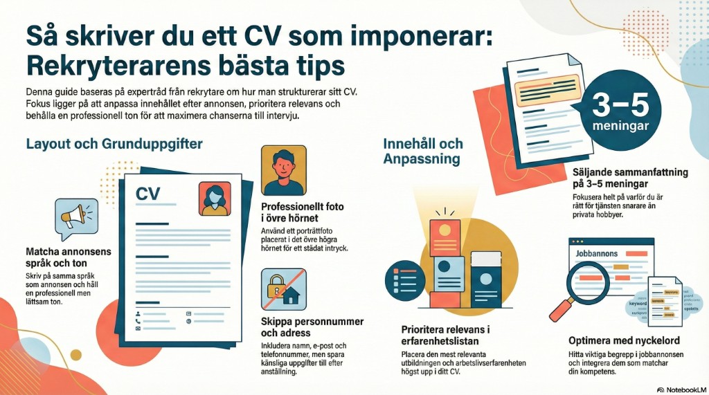 Infografik: Rekryterarens bästa tips för ett imponerande CV – layout och grunduppgifter (matcha annonsens språk, professionellt foto, skippa personnummer och adress) samt innehåll och anpassning (säljande sammanfattning 3–5 meningar, prioritera relevans i erfarenhetslistan, optimera med nyckelord från jobbannonsen).