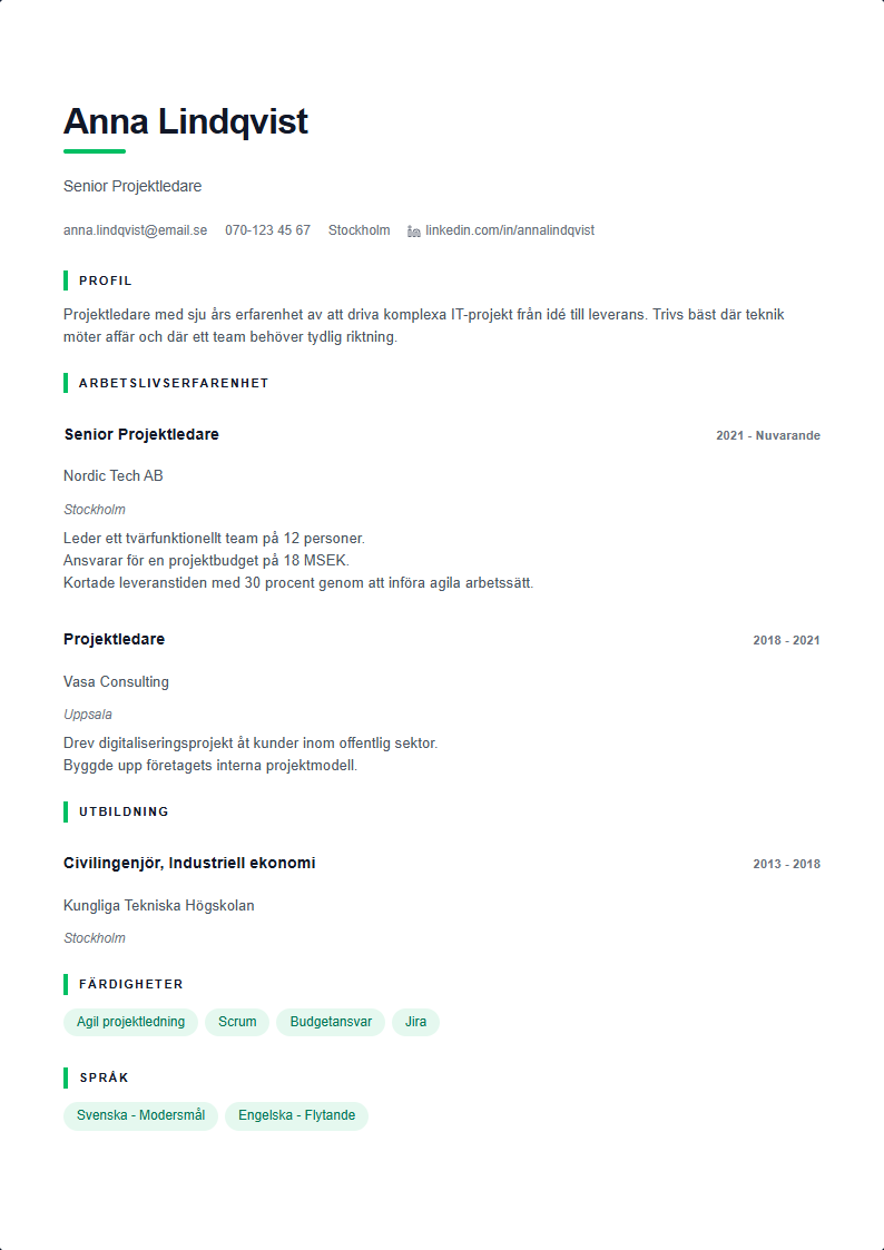 Accent CV Mall — ATS-anpassad CV-mall förhandsvisning