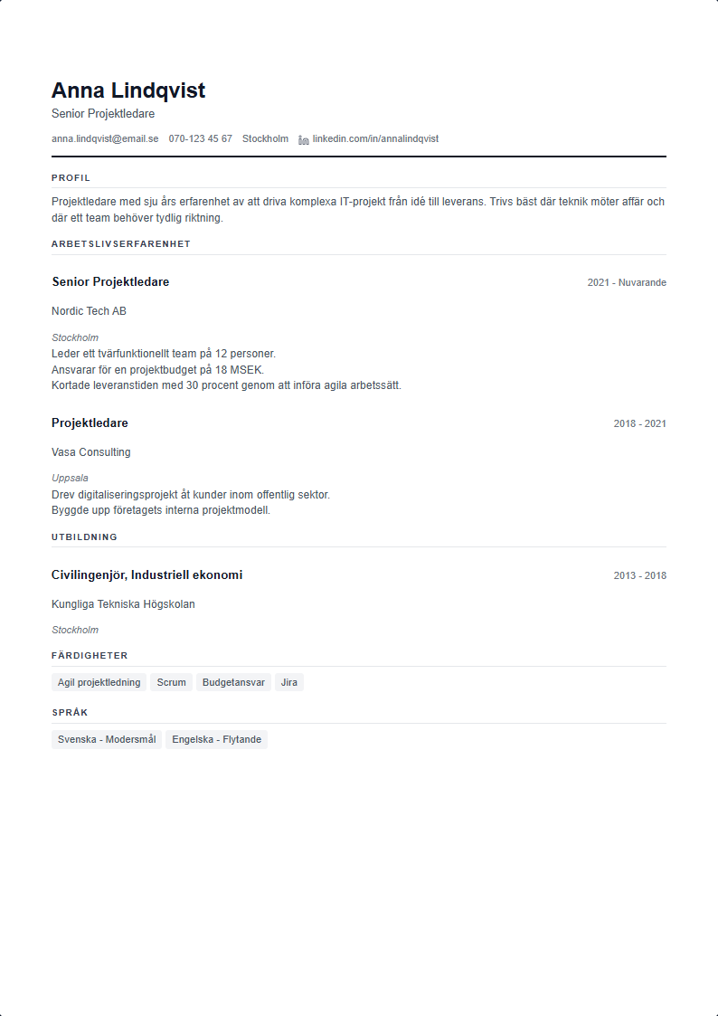 Kompakt CV Mall — ATS-anpassad CV-mall förhandsvisning