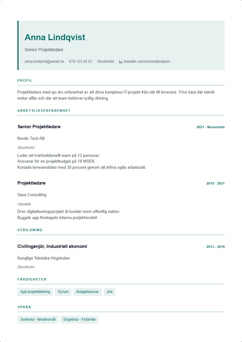 Oslo CV Mall — ATS-anpassad CV-mall förhandsvisning