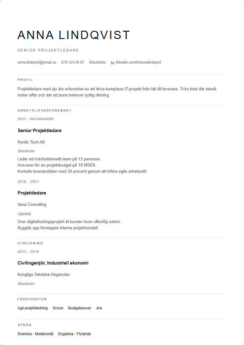 Slate CV Mall — ATS-anpassad CV-mall förhandsvisning