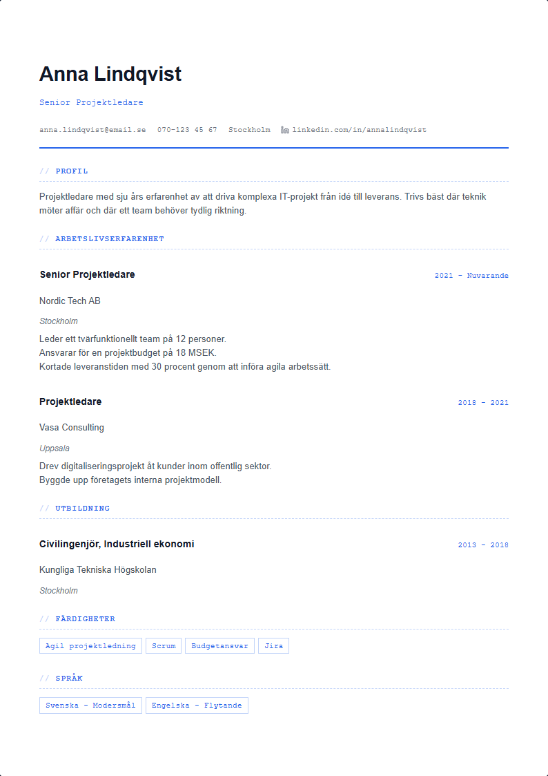 Teknisk CV Mall — ATS-anpassad CV-mall förhandsvisning